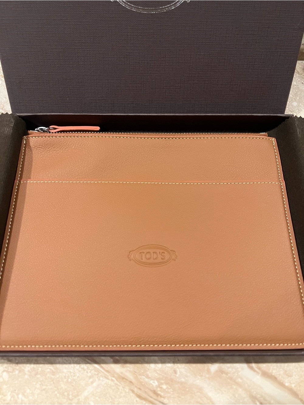 TOD'S Tan Leather Flat Zip Pouch